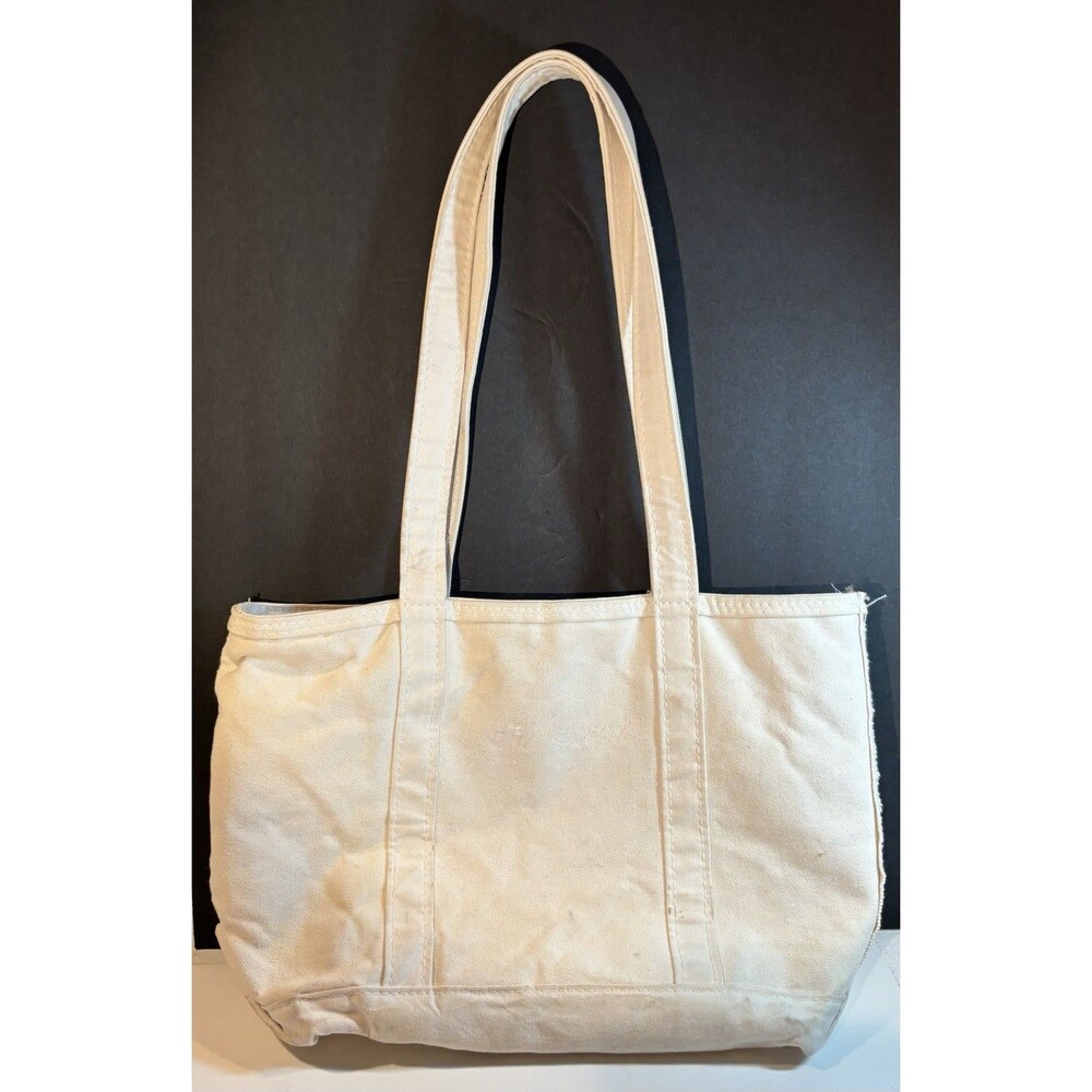LL Bean Canvas Boat and Tote Natural M Monogram Removed USA Zipper Long Handles